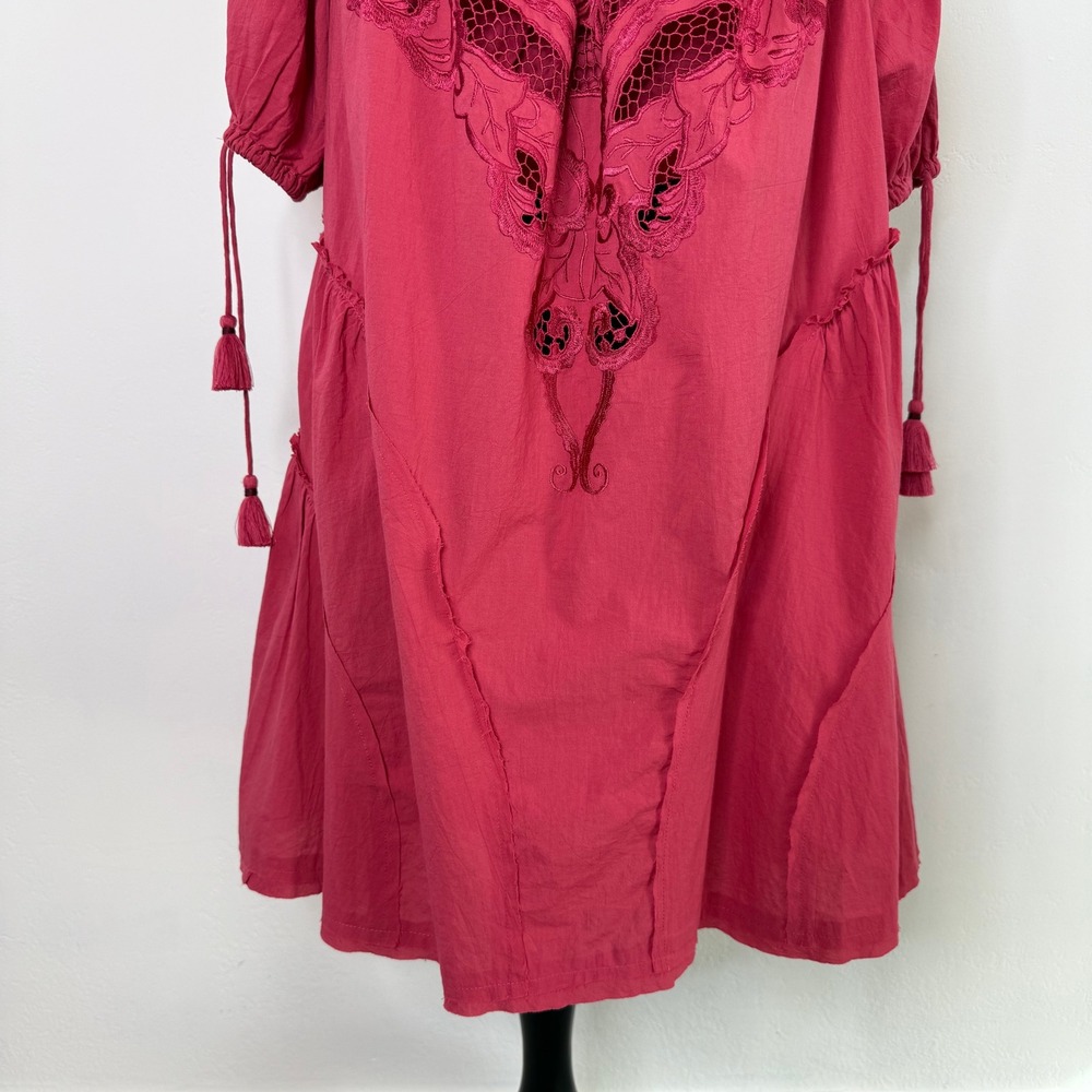 Free People Sunbeat Off-the-Shoulder Embroidered Tunic Mini Dress Pink M NWT - Picture 5 of 16